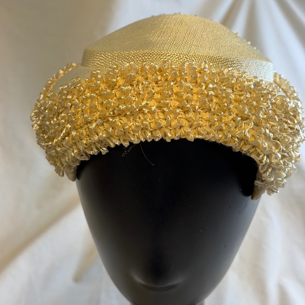 Vintage Champagne Gold Pillbox Hat Textured Raffia Trim Rhinestone Accent